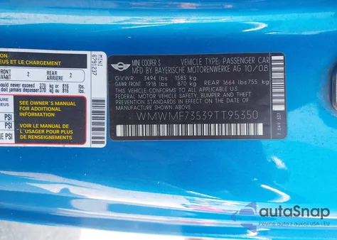 2009 Mini Cooper S из США, поврежденный, VIN WMWMF73539TT95350